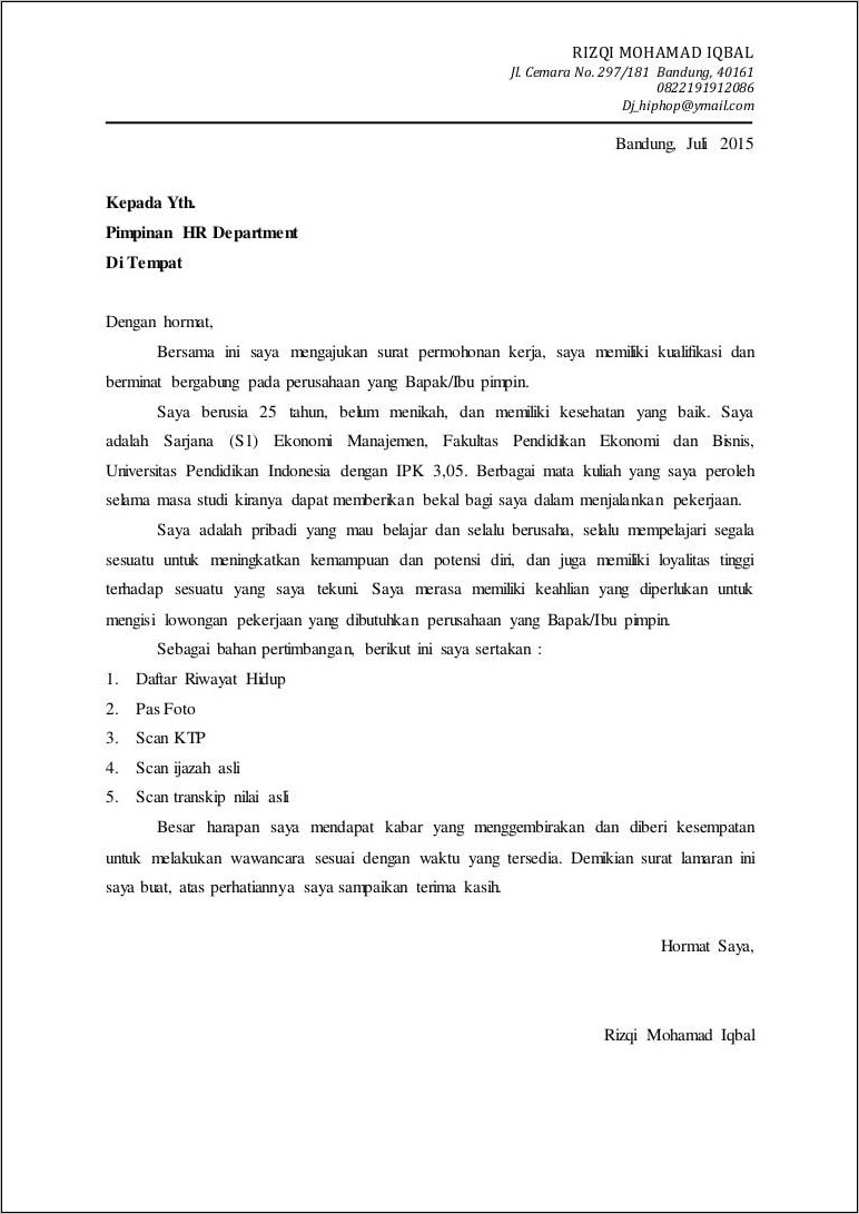 Contoh Surat Lamaran Kerja Ke Pt Jasa Raharja