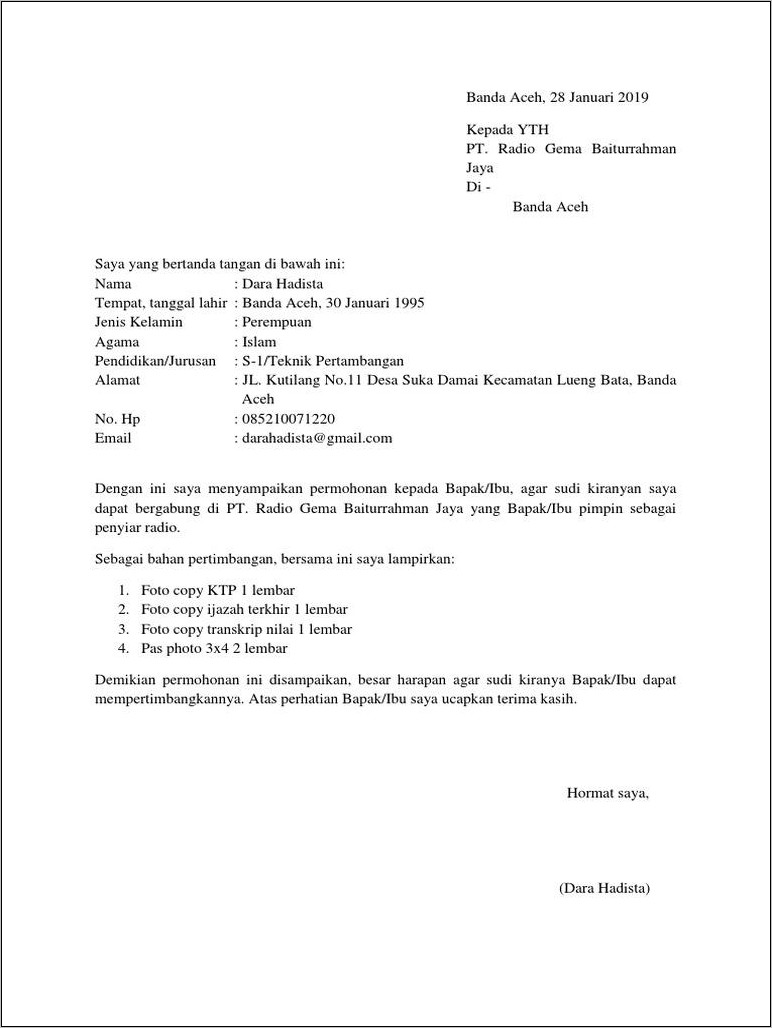 Contoh Surat Lamaran Kerja Ke Radio