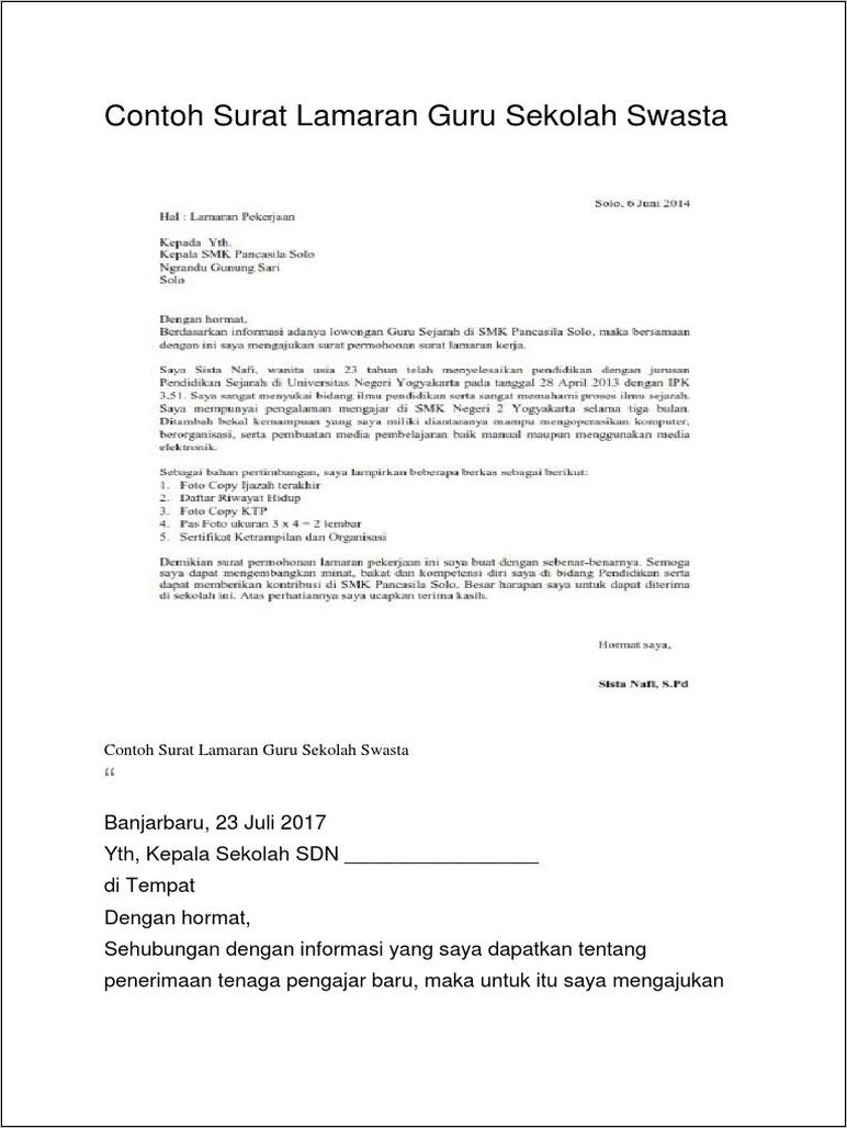 Contoh Surat Lamaran Kerja Di Sekolah Mts  Surat Lamaran Kerja