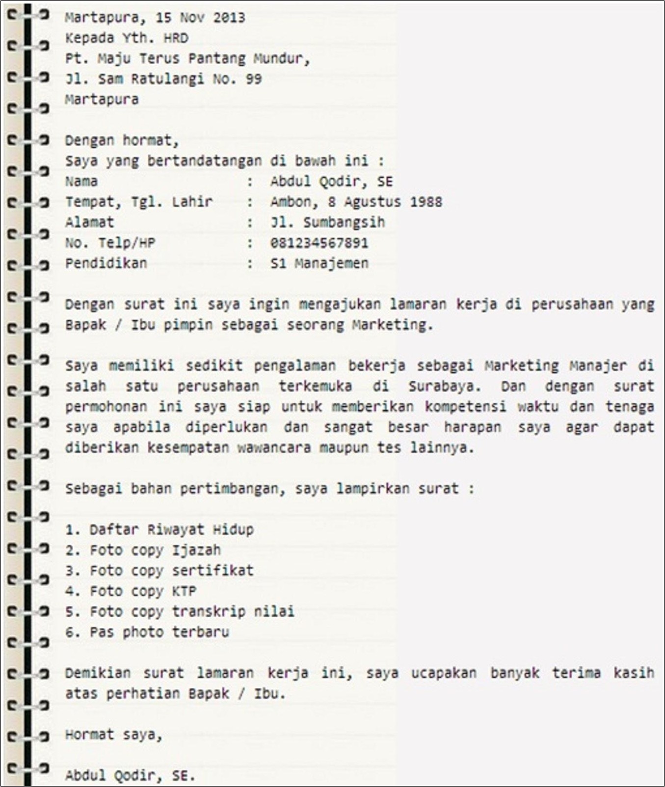 Contoh Surat Lamaran Kerja Kontraktor