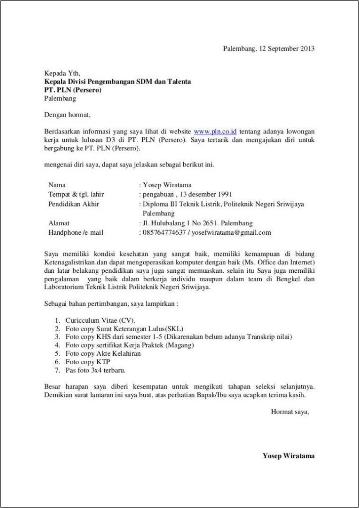Contoh Surat Lamaran Kerja Lulusan Smk