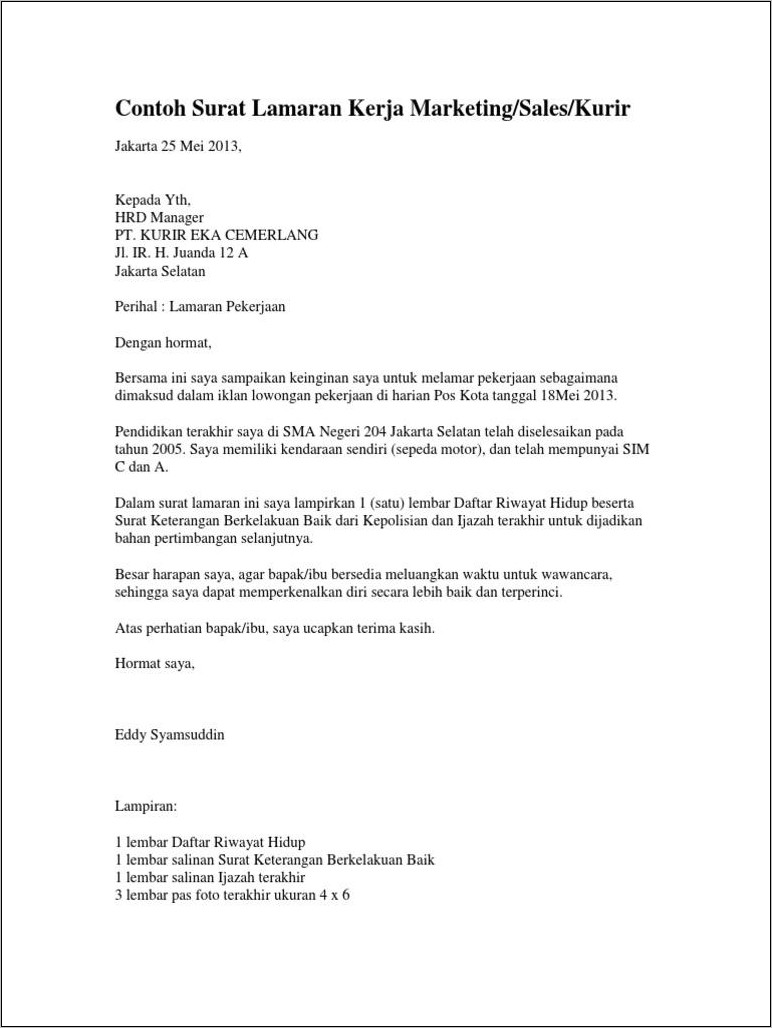 Contoh Surat Lamaran Kerja Manajer Pemasaran