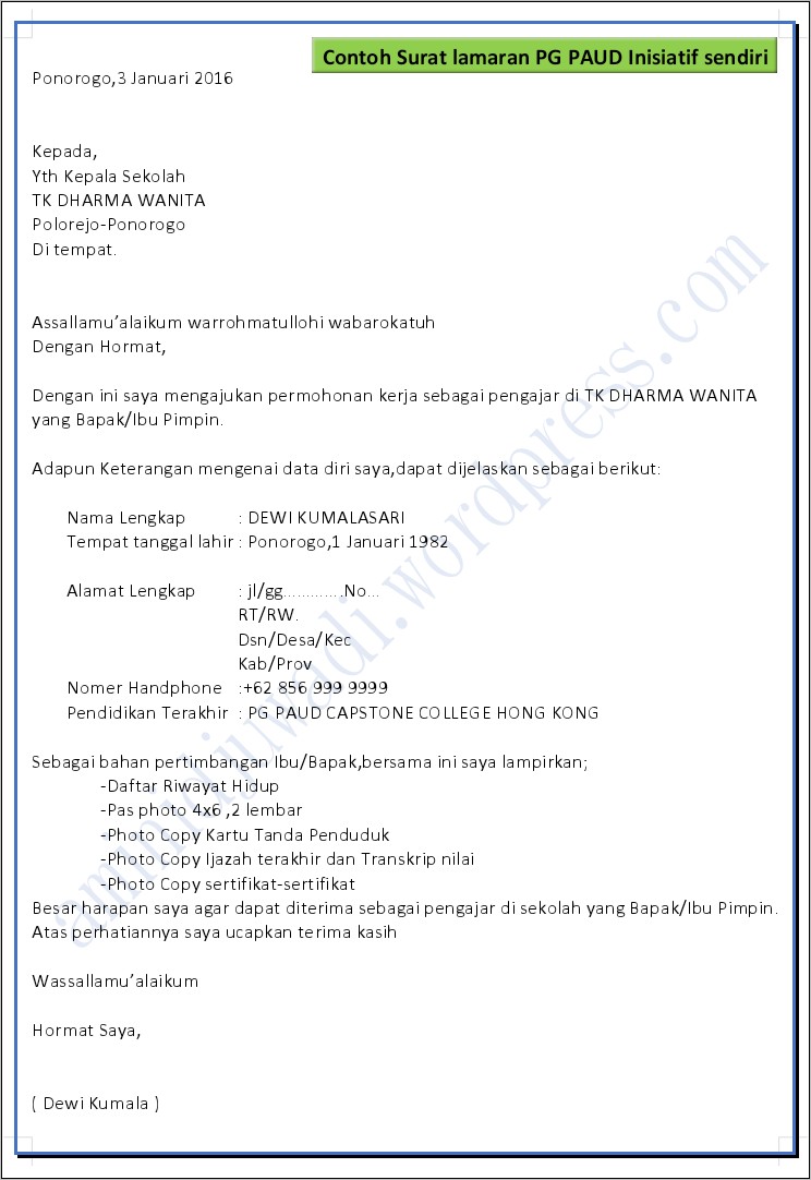 Contoh Surat Lamaran Kerja Masih Sekolah