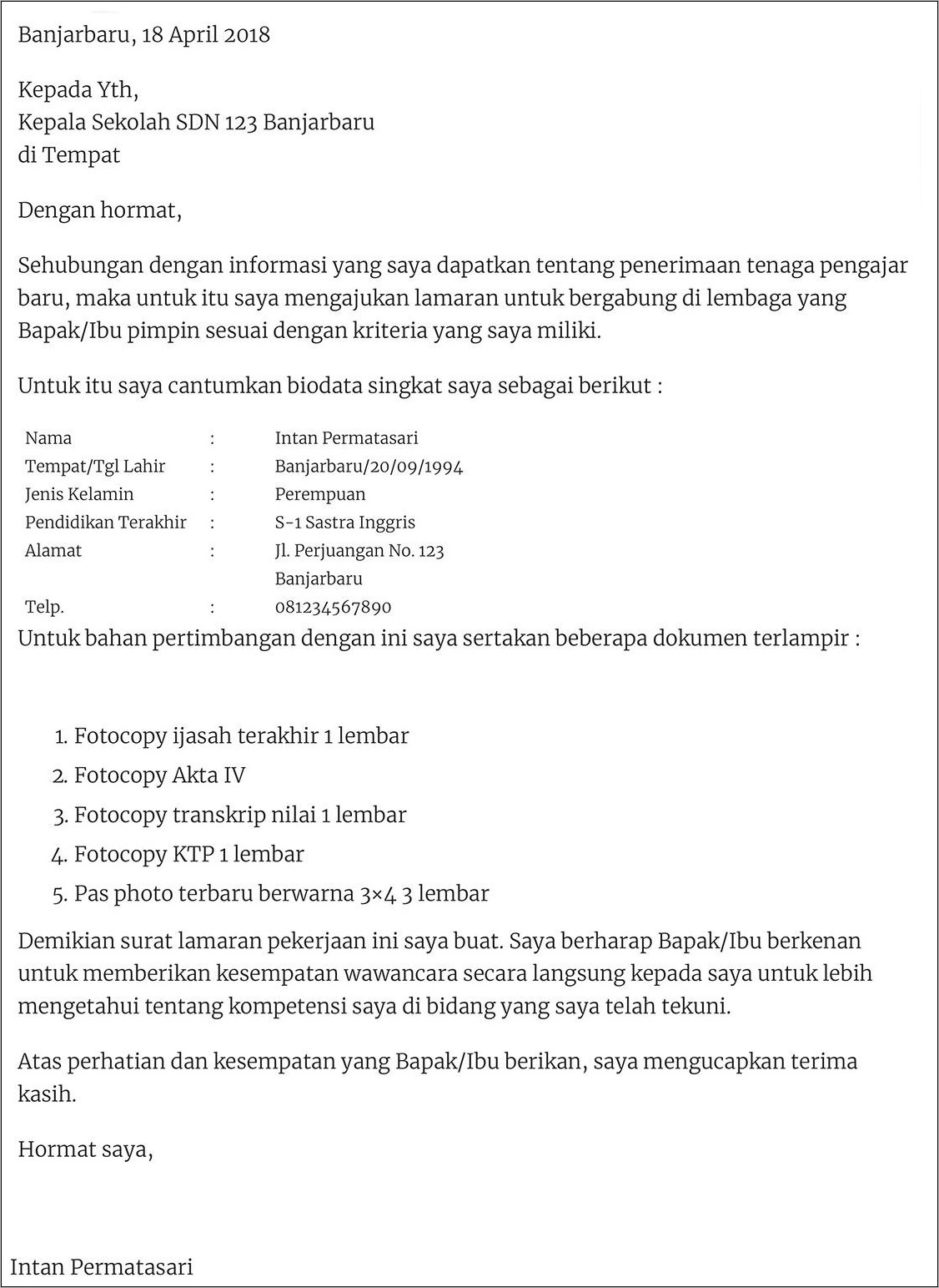 Contoh Surat Lamaran Kerja Menjadi Guru Tk Dalam Bahasa Inggris