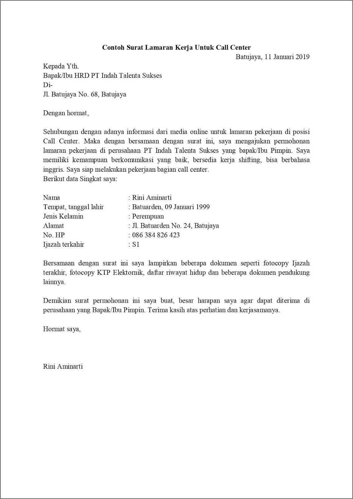 Contoh Surat Lamaran Kerja Parkir