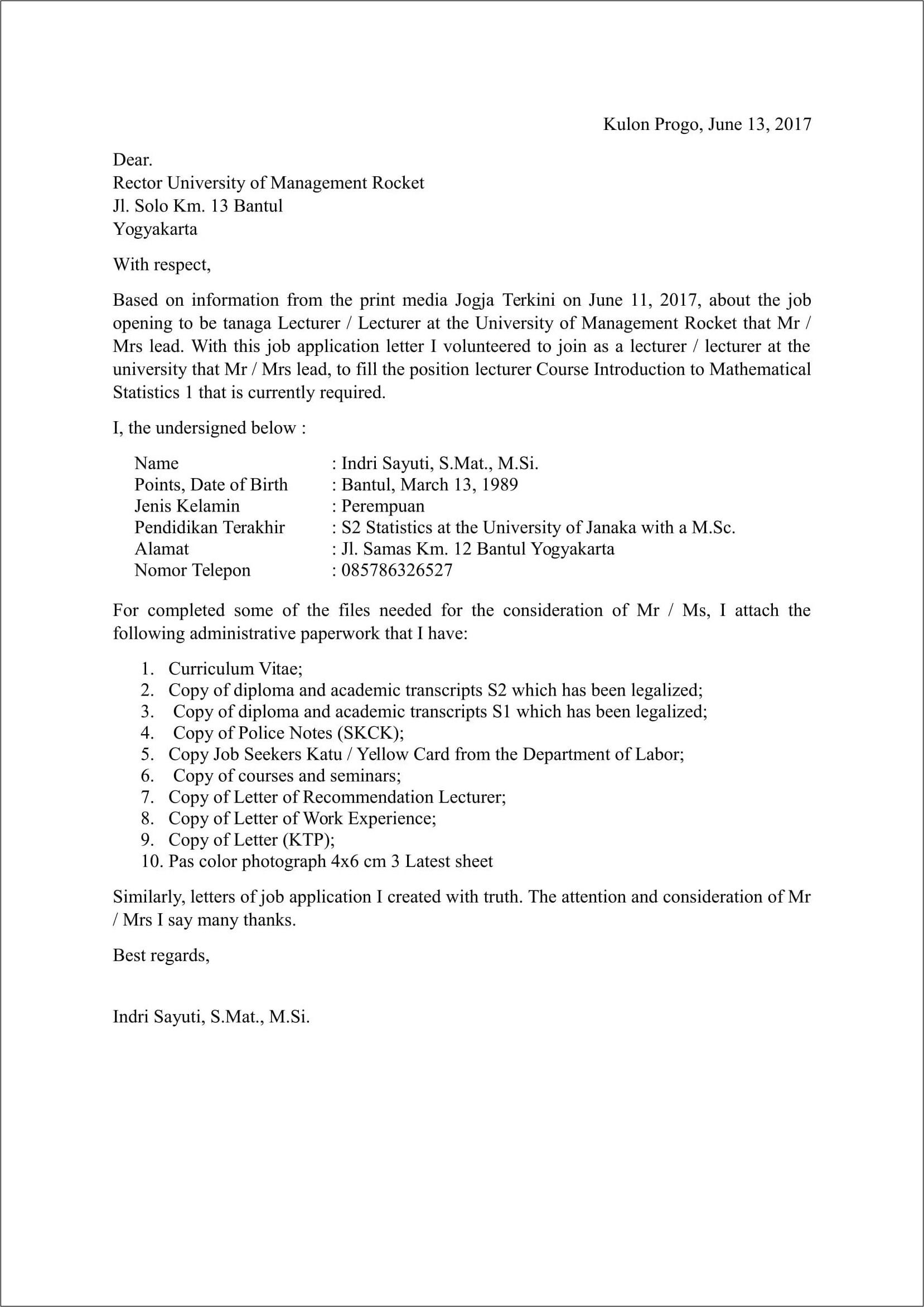 Contoh Surat Lamaran Kerja Pdf