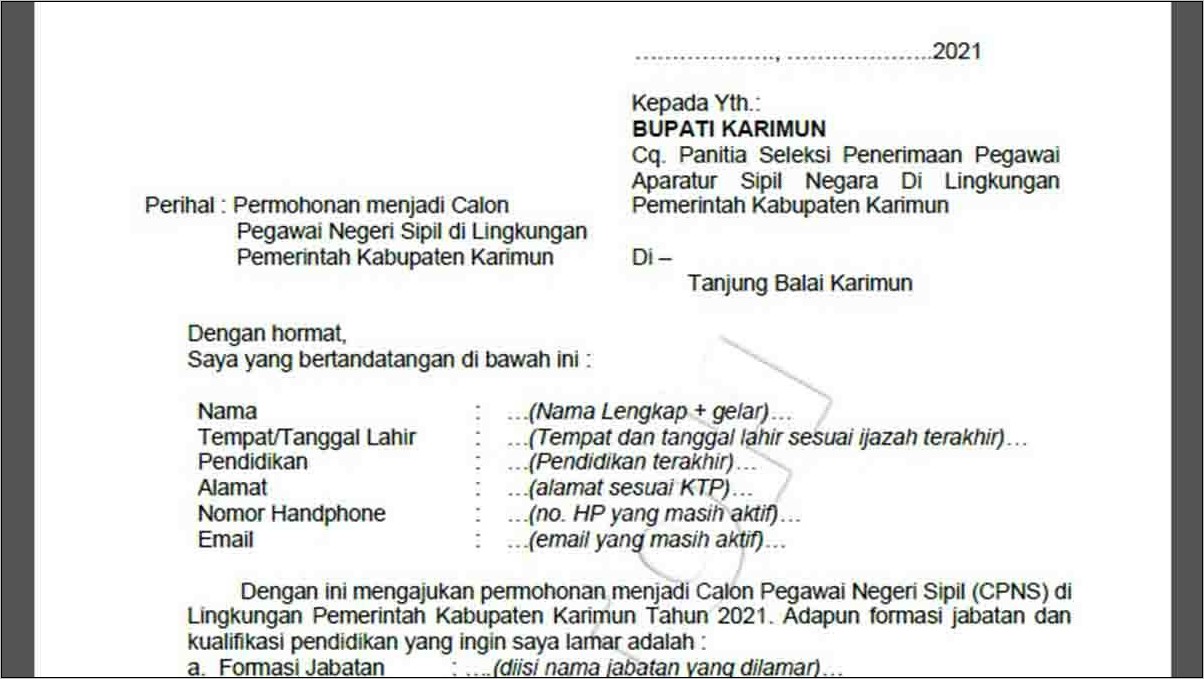 Contoh Surat Lamaran Kerja Pegawai Negeri Sipil