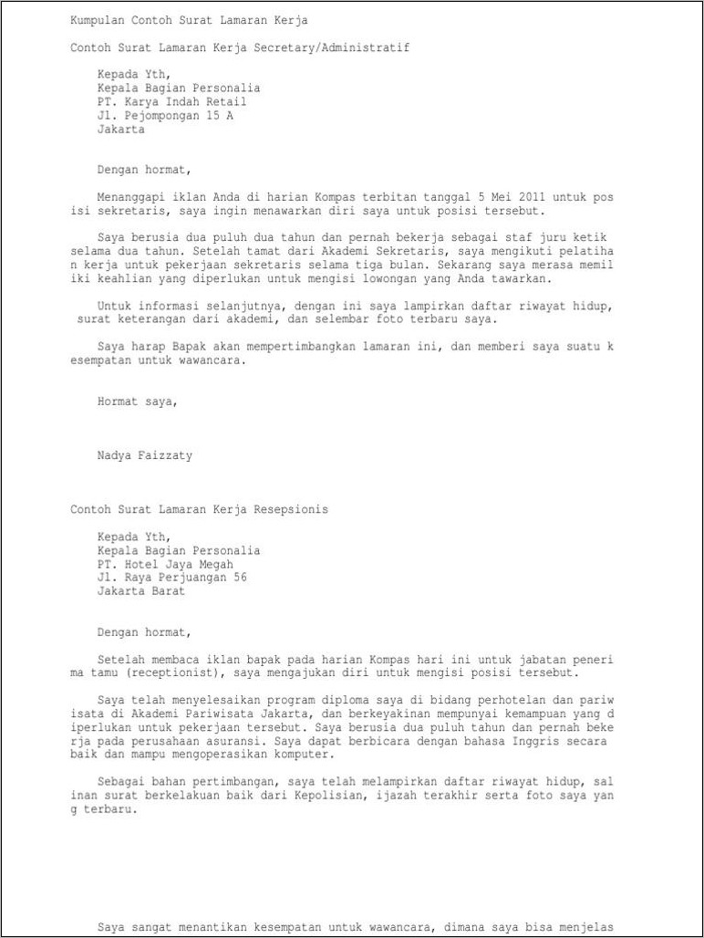 Contoh Surat Lamaran Kerja Dan Cv Pelaut  Surat Lamaran Kerja  Desain