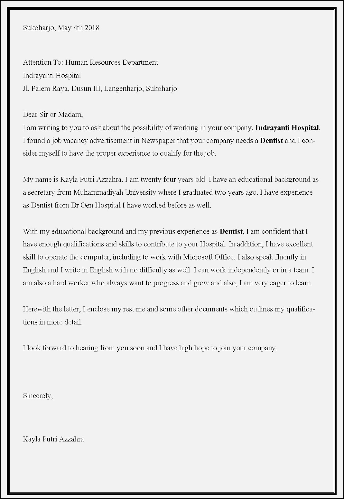 Contoh Surat Lamaran Kerja Perawat Gigi