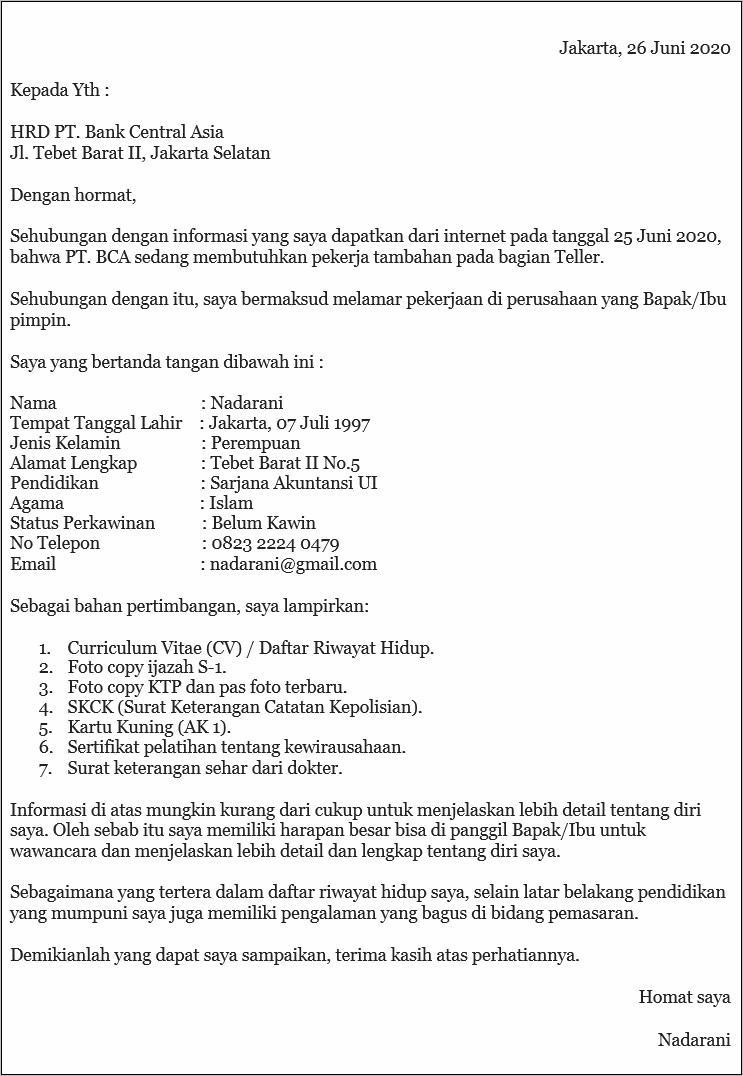 Contoh Surat Lamaran Kerja Perbankan