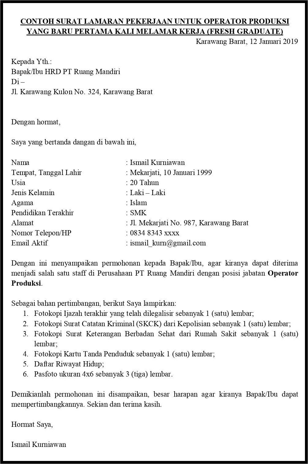 Contoh Surat Lamaran Kerja Pertama Kali