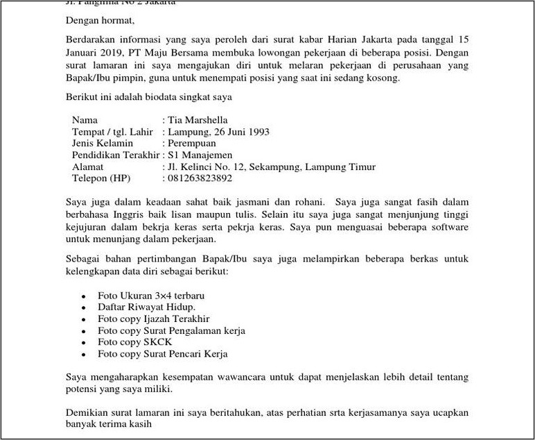Contoh Surat Lamaran Kerja Pt Garment