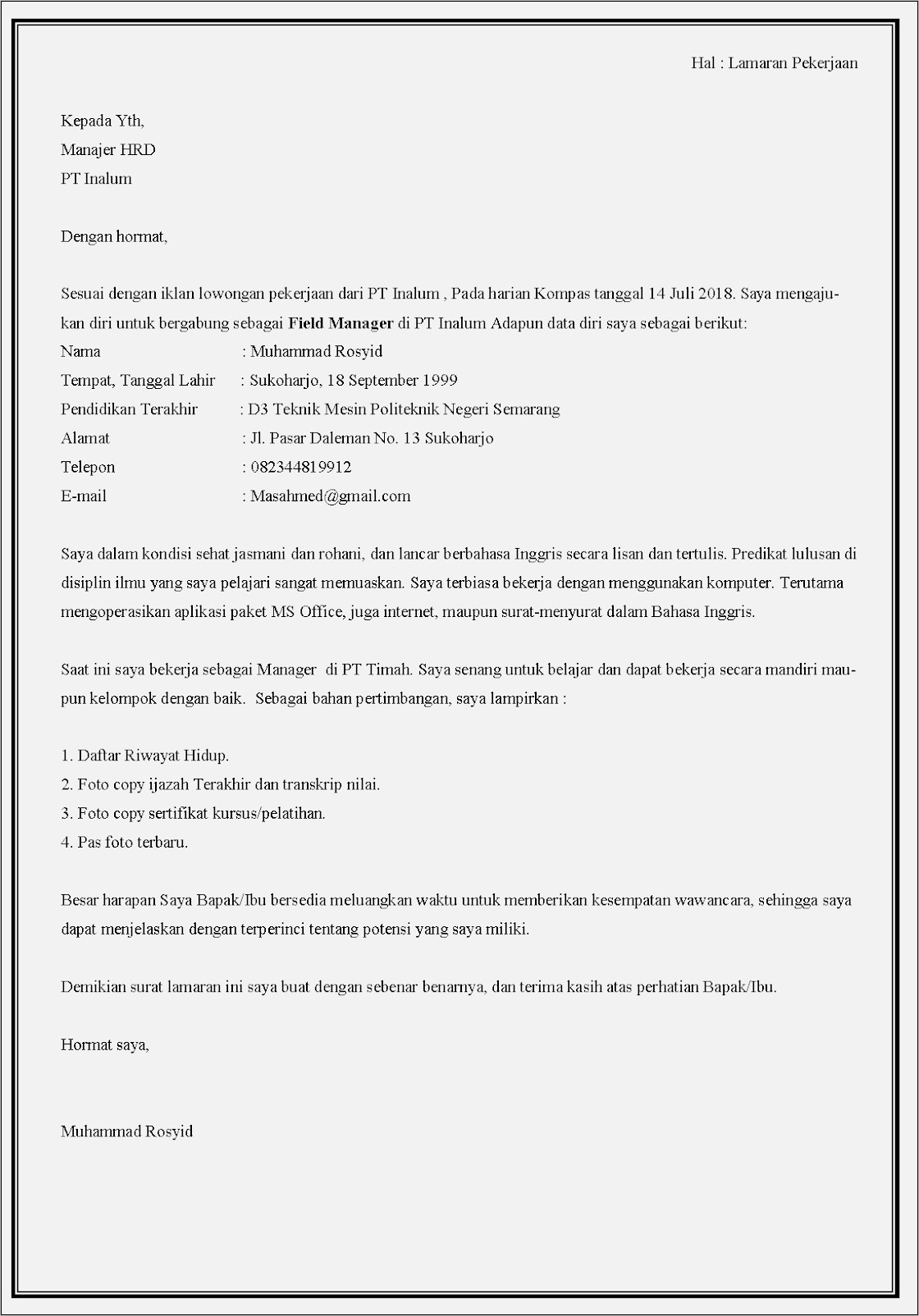 Contoh Surat Lamaran Kerja Pt Pelindo