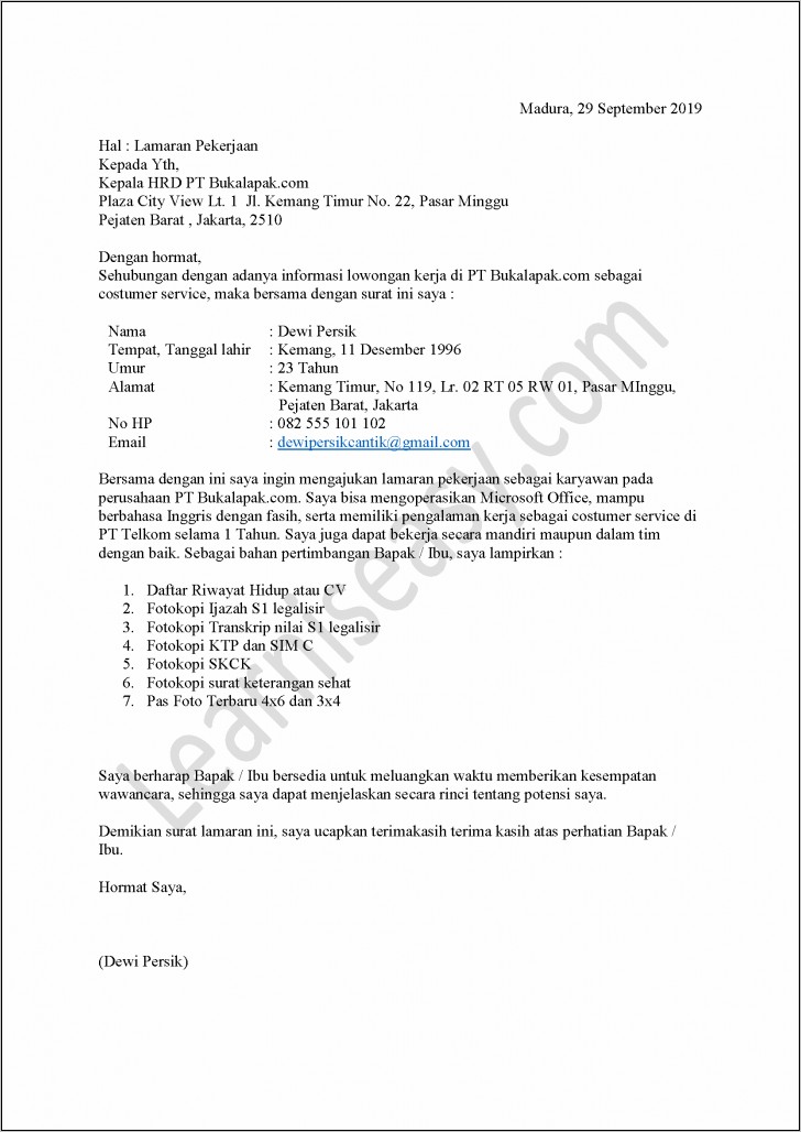 Contoh Surat Lamaran Kerja Pt Toyota