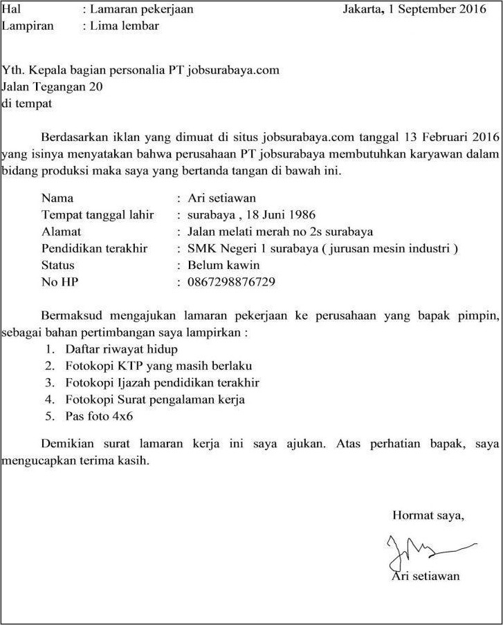 Contoh Surat Lamaran Kerja Pt Yang Baik Dan Benar