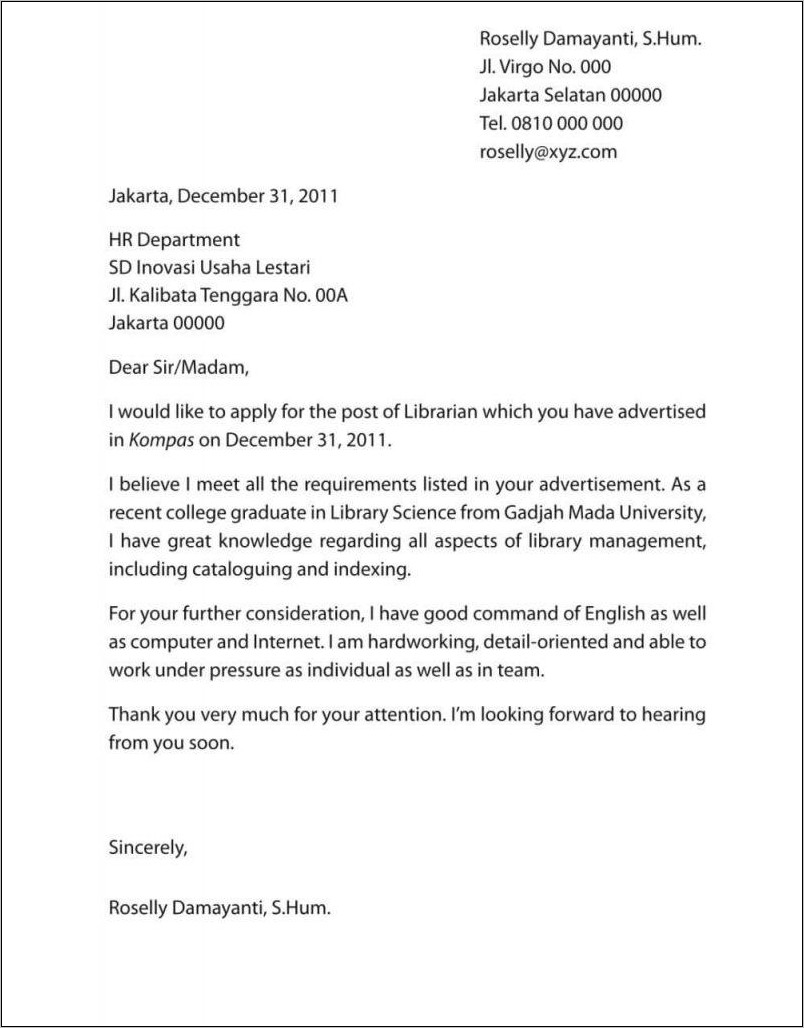 Contoh Surat Lamaran Kerja Sebagai Guru Dalam Bahasa Inggris