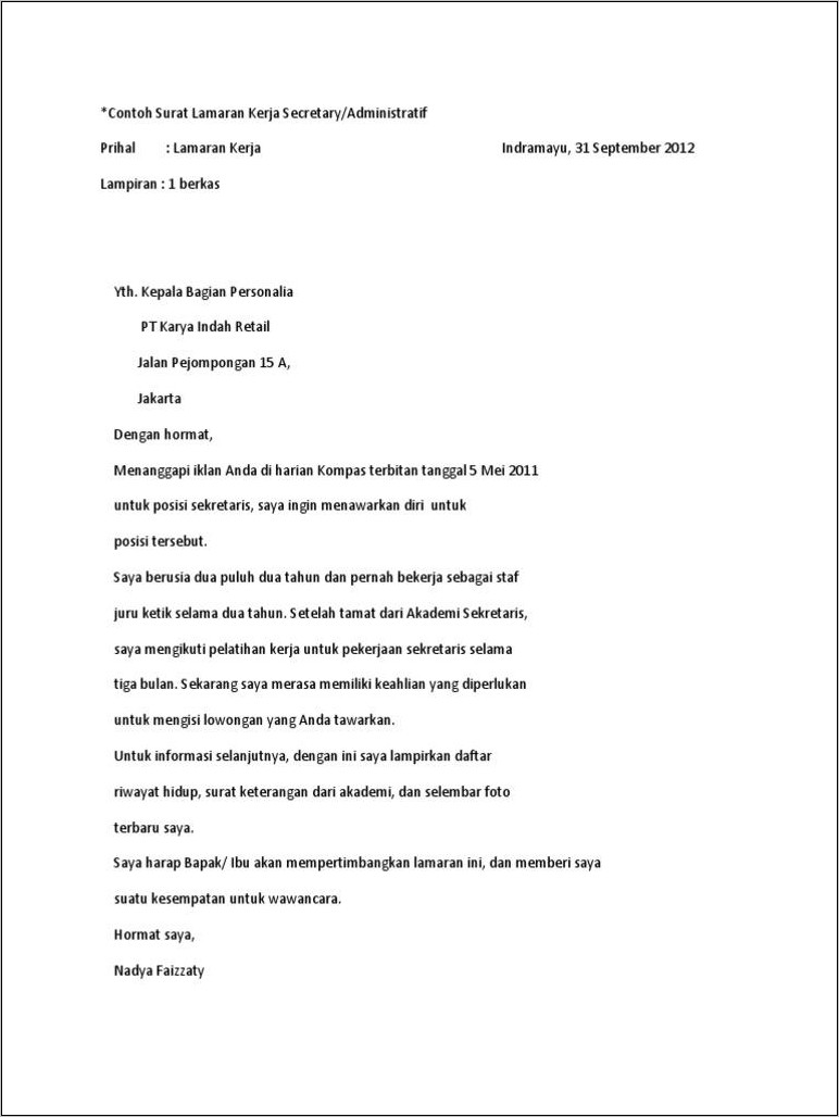 Contoh Surat Lamaran Kerja Sekretaris Dalam Bahasa Inggris