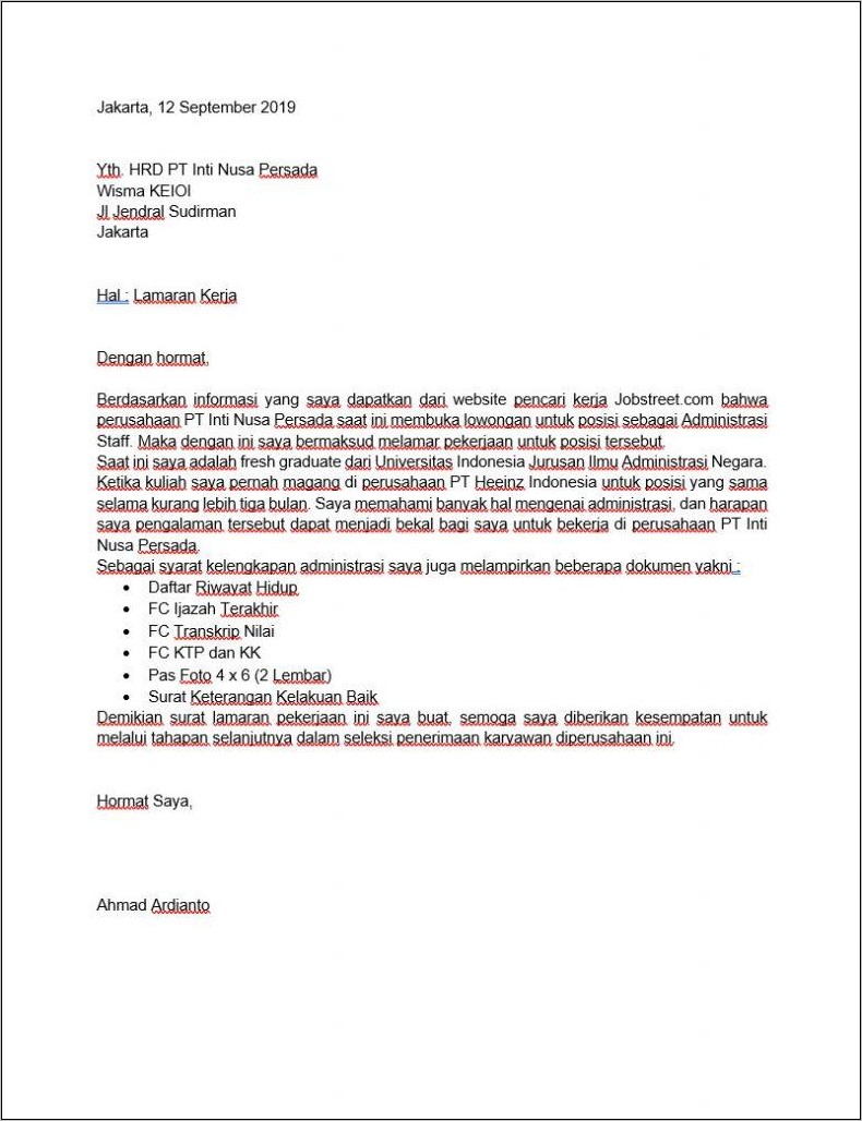 Contoh Surat Lamaran Kerja Sesuai Eyd