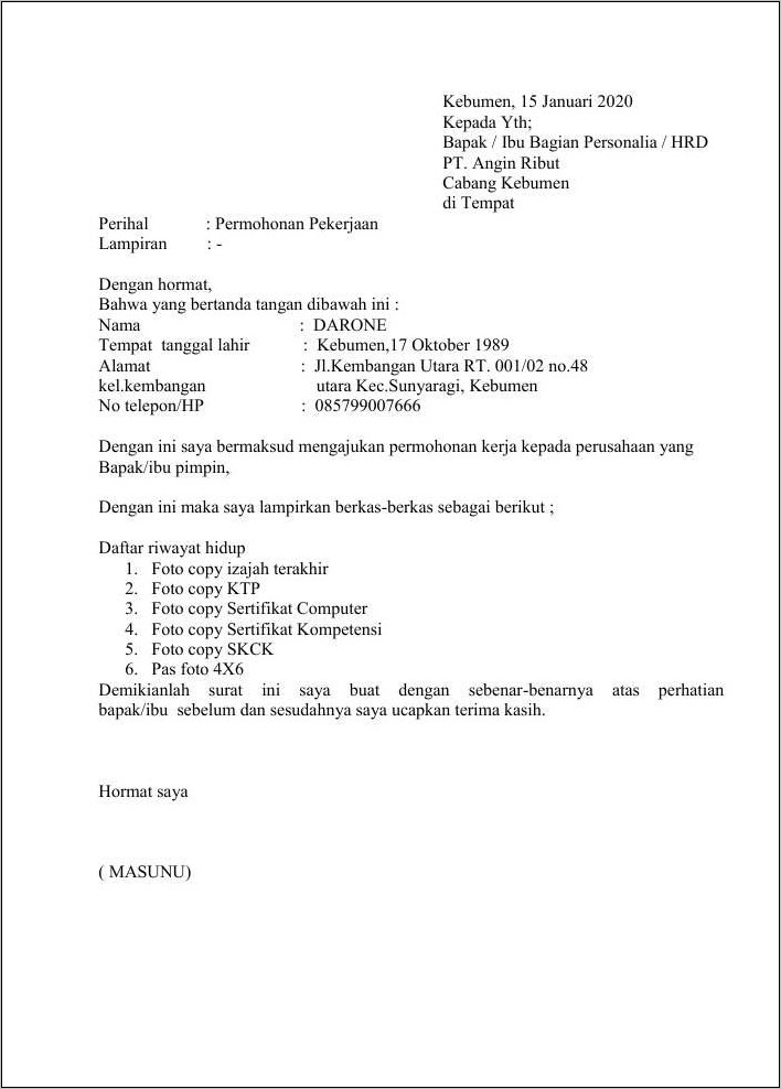 Contoh Surat Lamaran Kerja Singkat