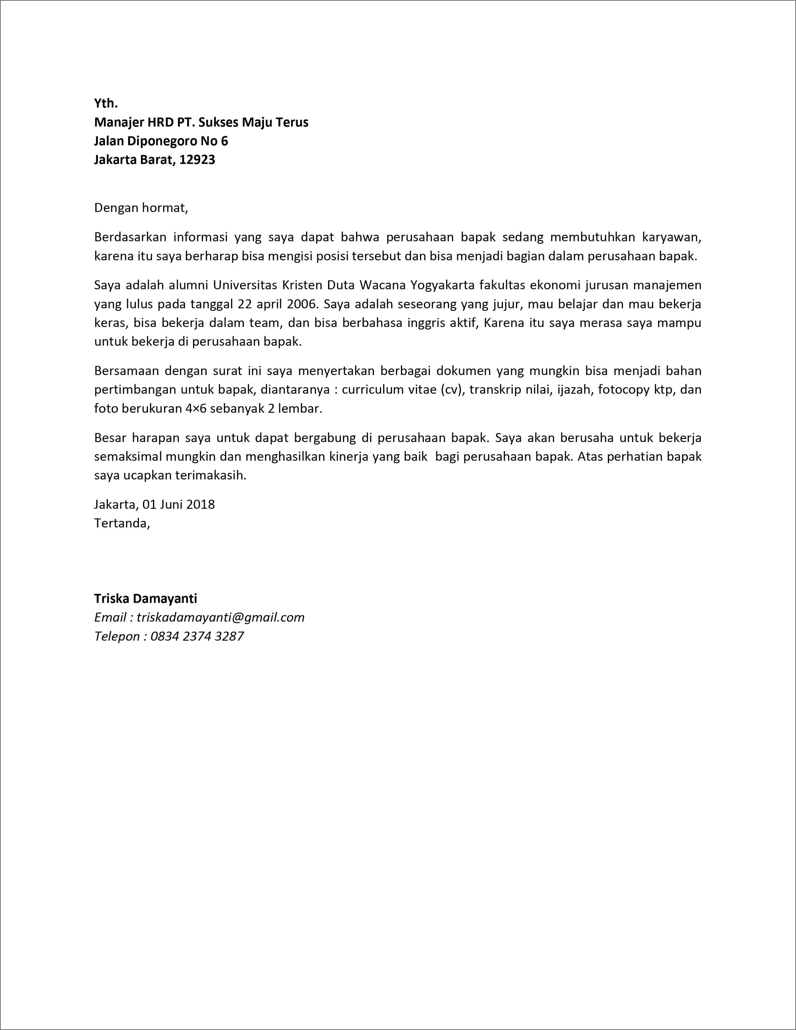 Contoh Surat Lamaran Kerja Staff Hrd