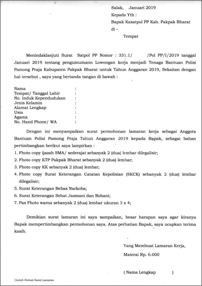 Contoh Surat Lamaran Kerja Tenaga Kontrak