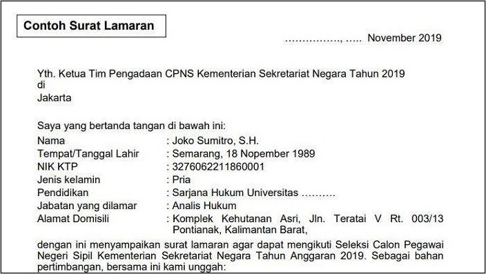 Contoh Surat Lamaran Kerja Untuk Cpns Umum