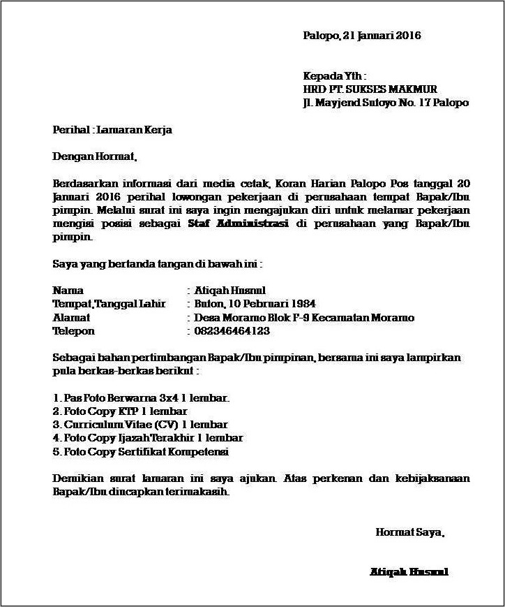 Contoh Surat Lamaran Kerja Untuk Posisi Administrasi