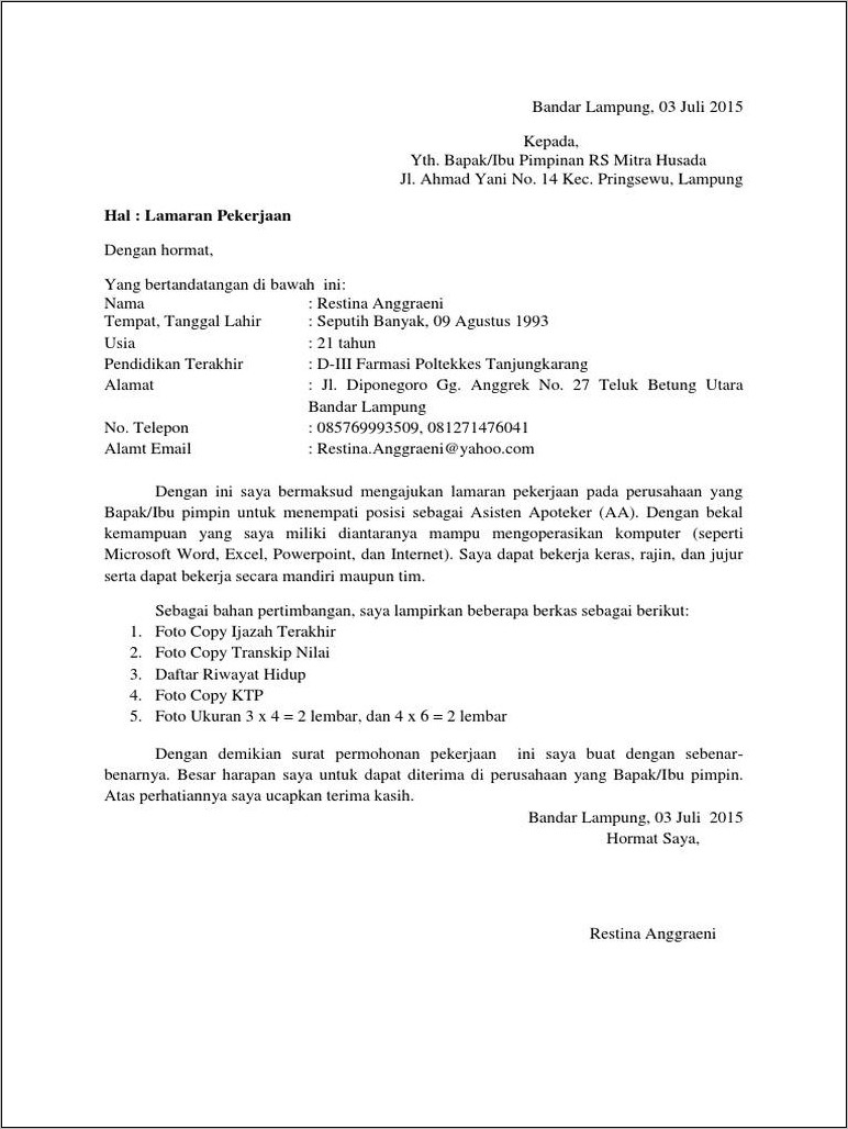 Contoh Surat Lamaran Kerja Untuk Rumah Sakit Mitra Keluarga