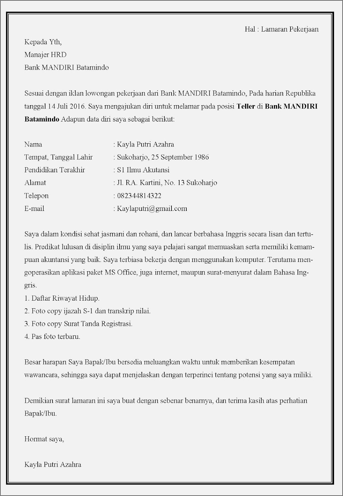 Contoh Surat Lamaran Kerja Untuk S1
