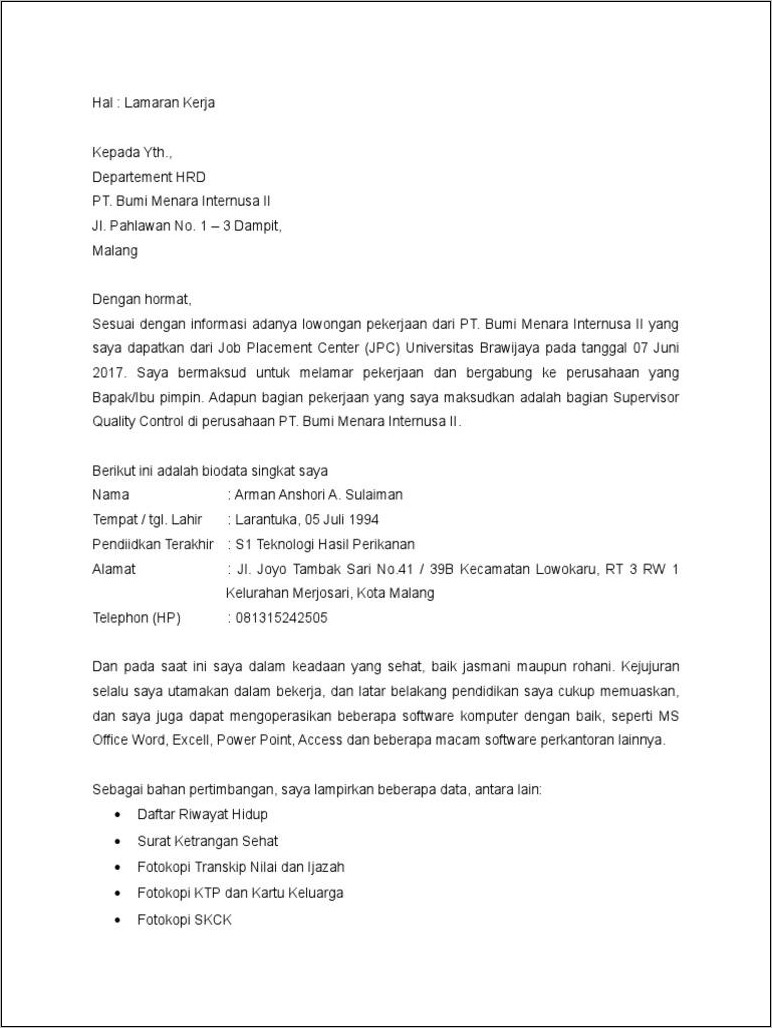 Contoh Surat Lamaran Kerja Untuk Supervisor