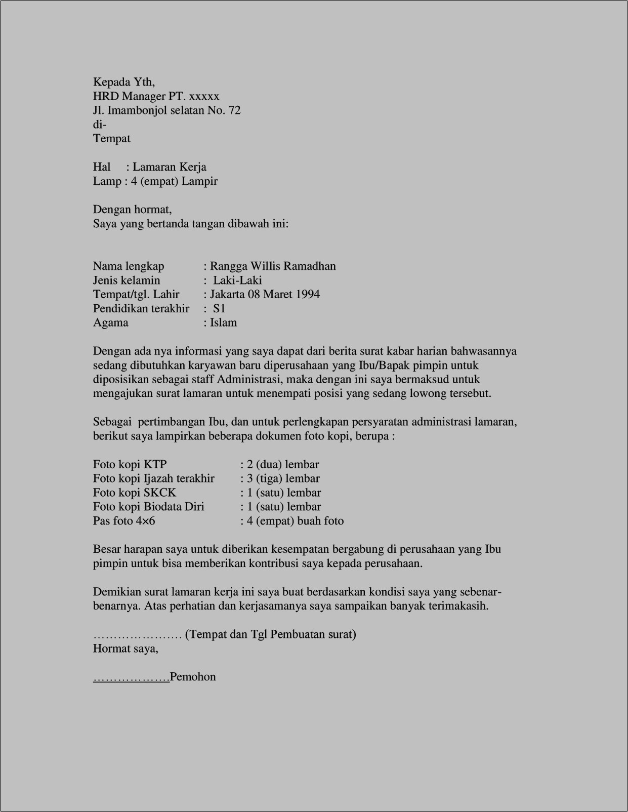 Contoh Surat Lamaran Kerja Xxi