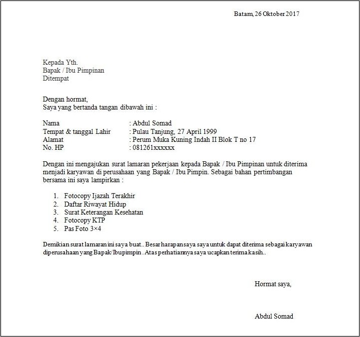 Contoh Surat Lamaran Kerja Yang Masih Kosong
