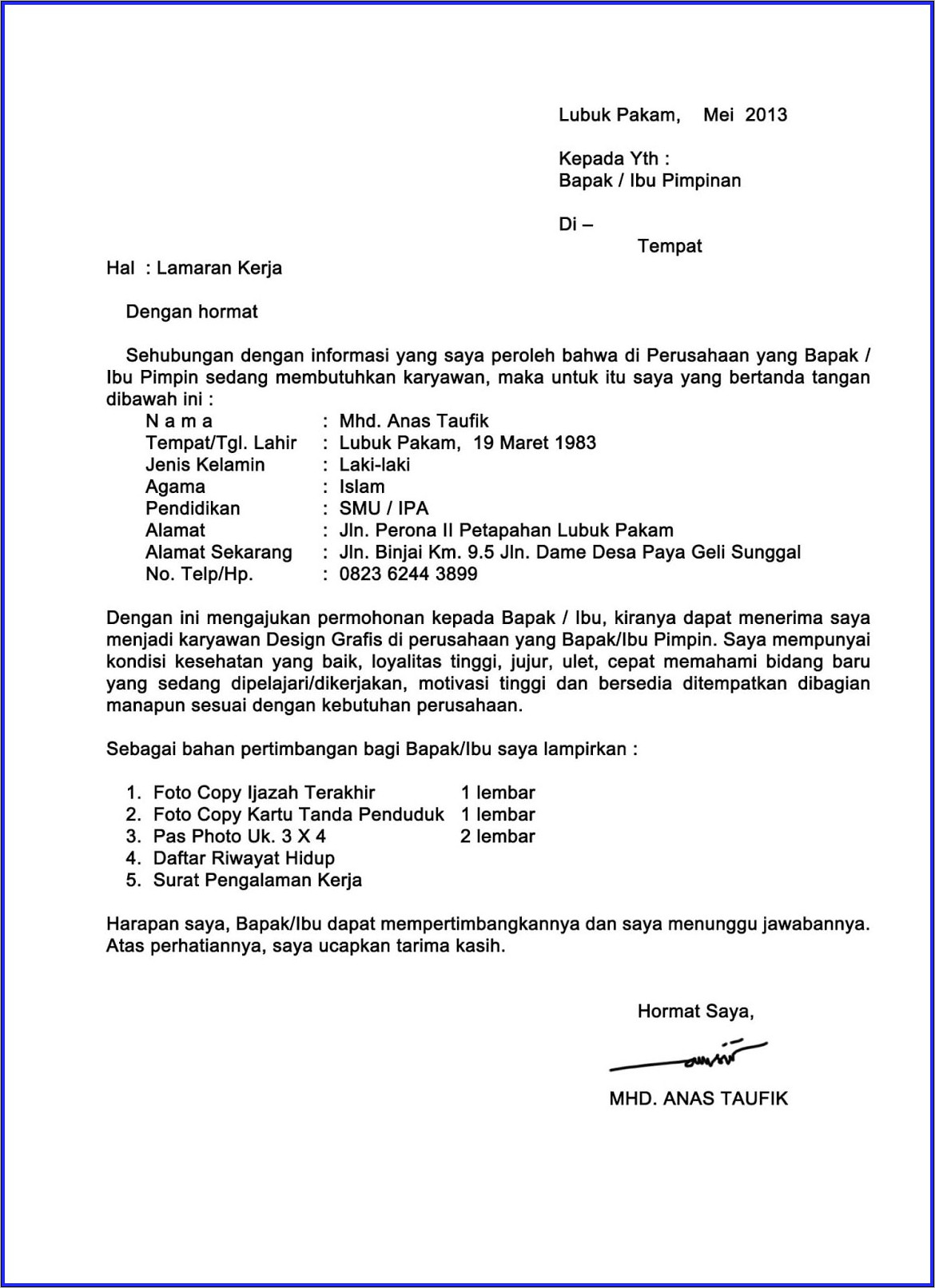 Contoh Surat Lamaran Kerja Yang Sudah Jadi