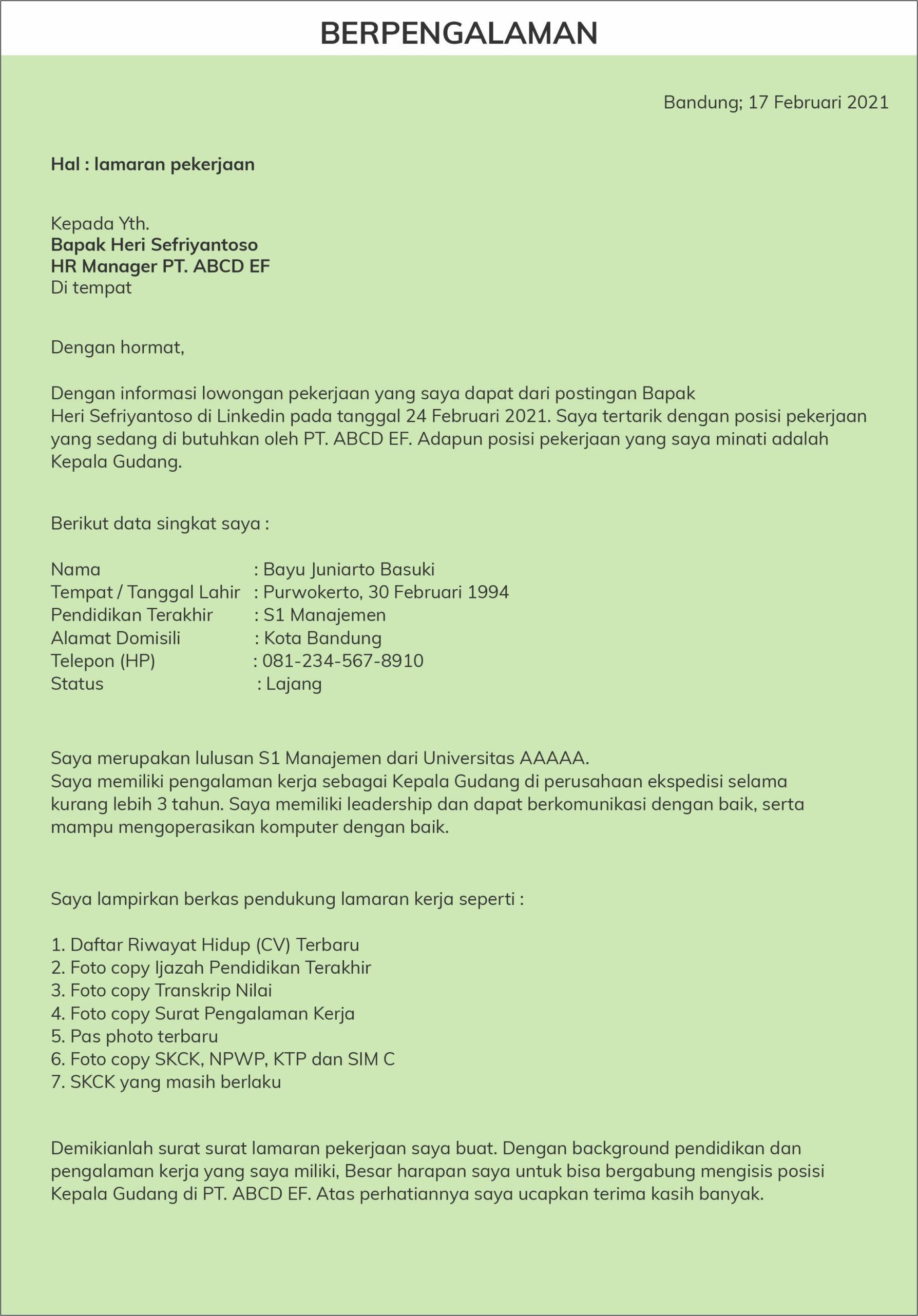 Contoh Surat Lamaran Kerja Yang Terbaru