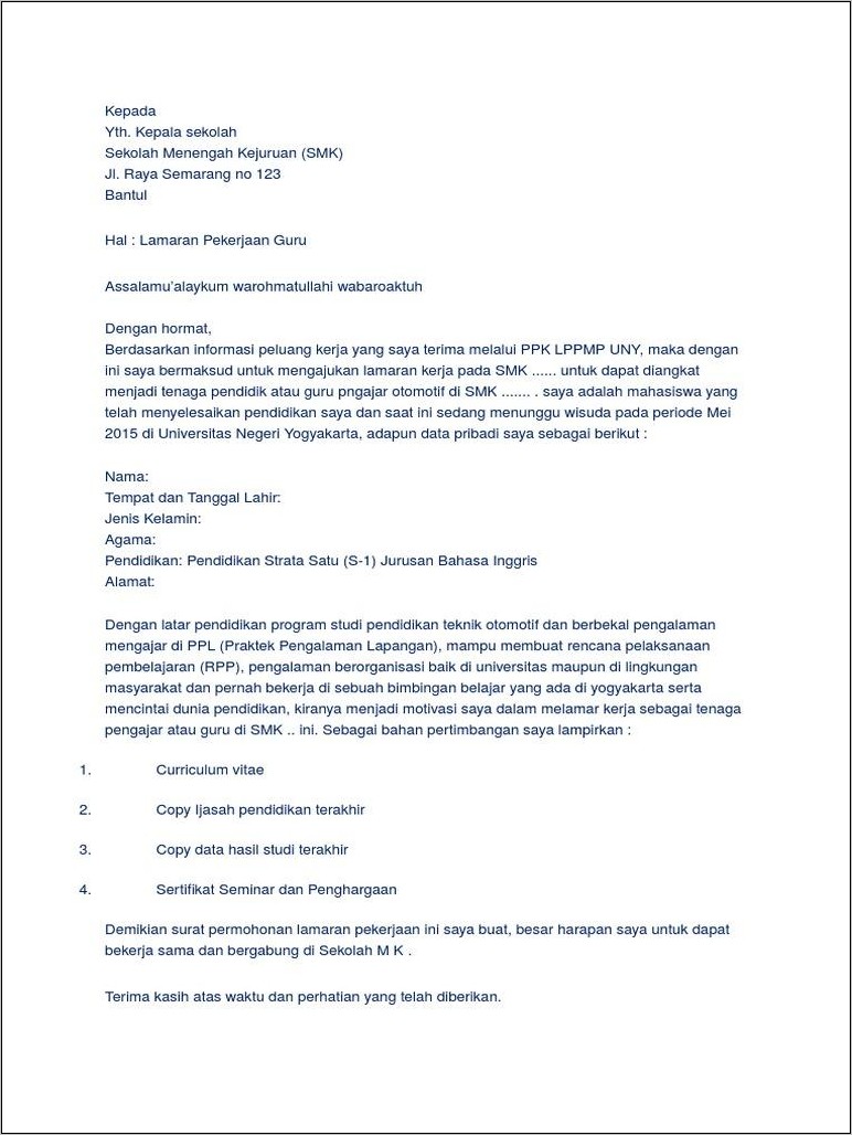 Contoh Surat Lamaran Mengajar Bimbel