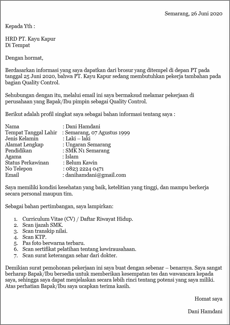 Contoh Surat Lamaran Menggunakan Email