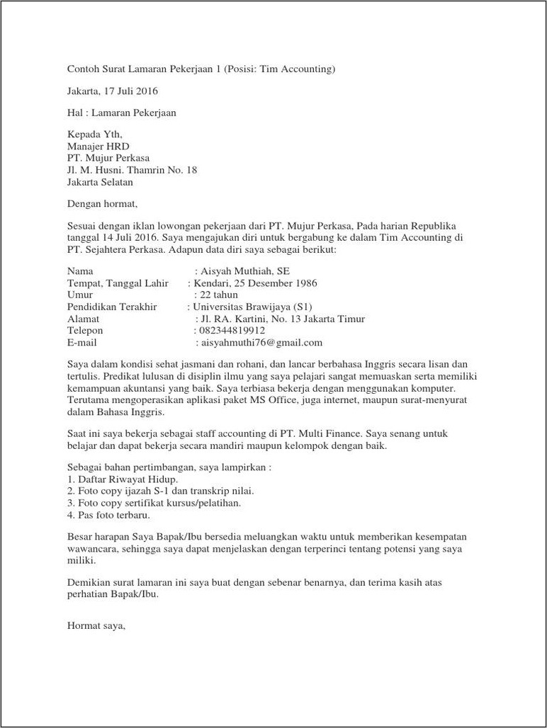 Contoh Surat Lamaran Pekerjaan 2016
