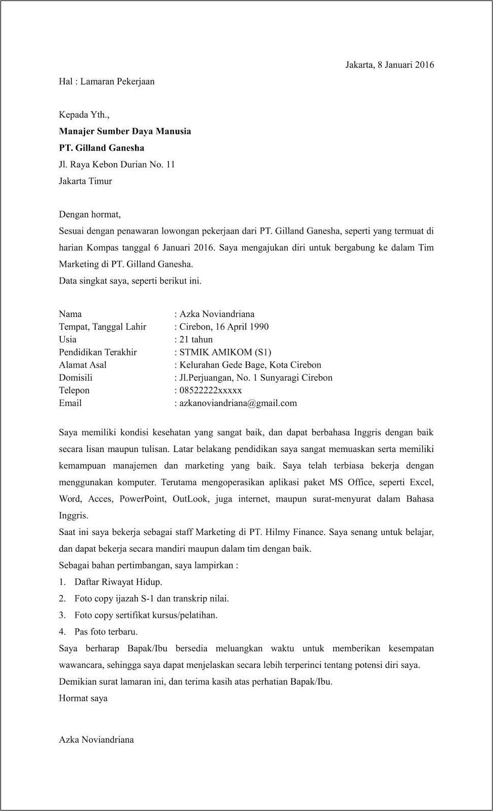 Contoh Surat Lamaran Pekerjaan Bahasa Indonesia Yang Benar
