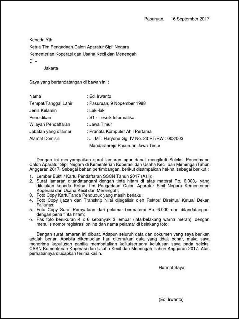 Contoh Surat Lamaran Pekerjaan Di Koperasi