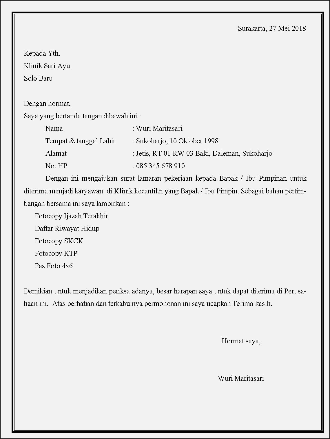 Contoh Surat Lamaran Pekerjaan Di Puskesmas