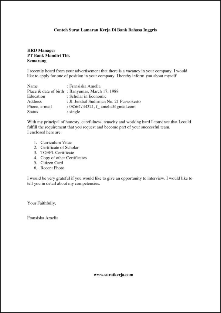 Contoh Surat Lamaran Pekerjaan Ke Bank