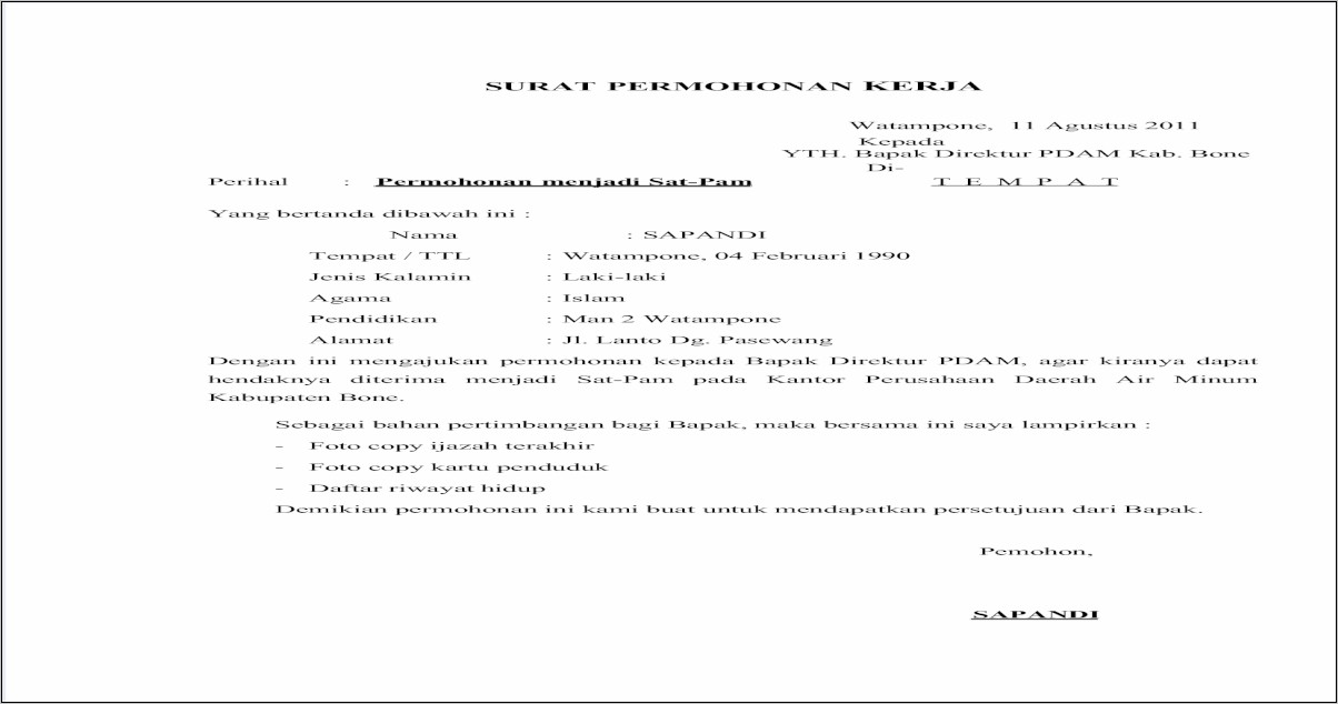 Contoh Surat Lamaran Pekerjaan Ke Pdam
