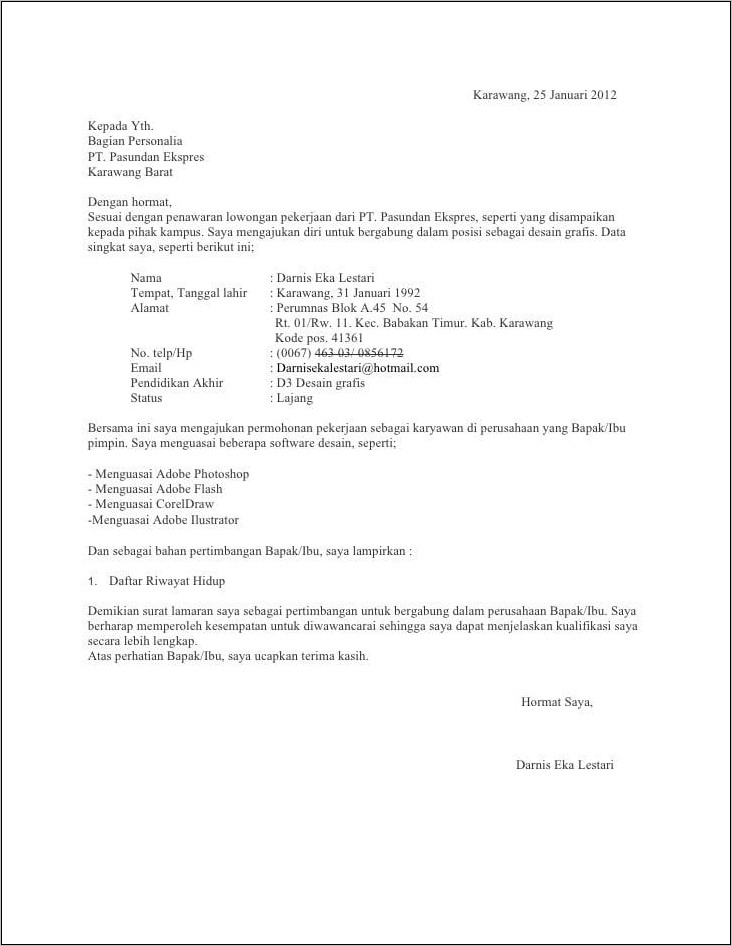 Contoh Surat Lamaran Pekerjaan Lengkap