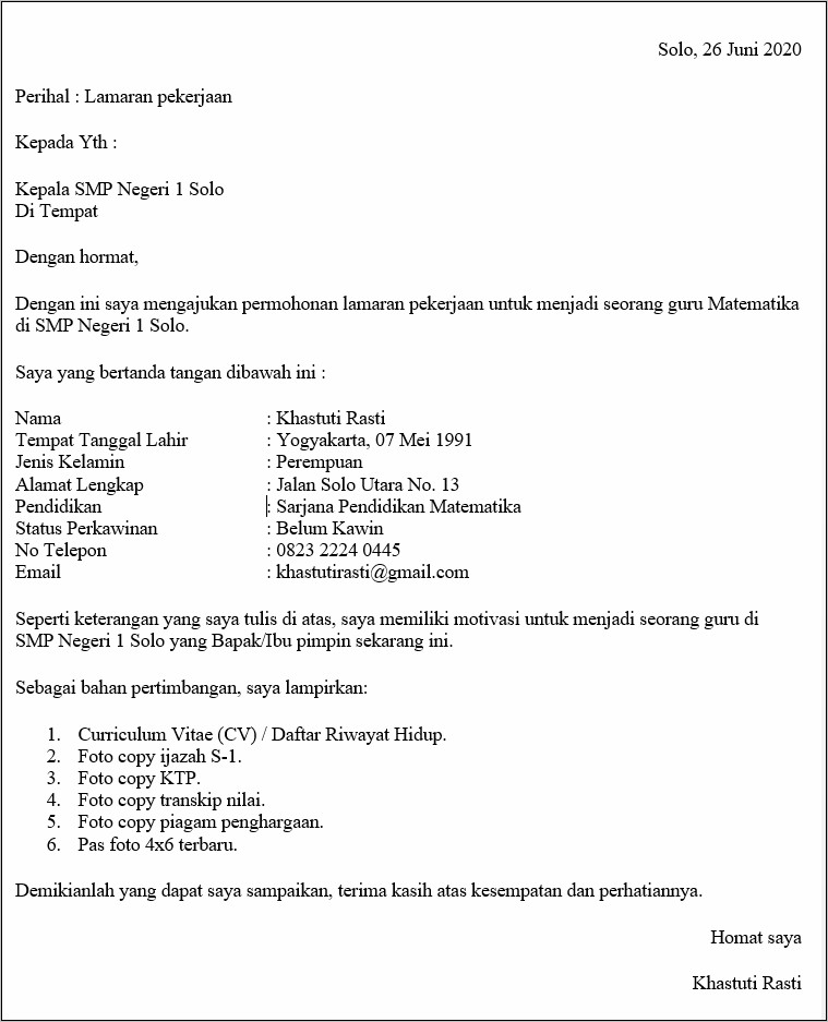 Contoh Surat Lamaran Pekerjaan Mengajar