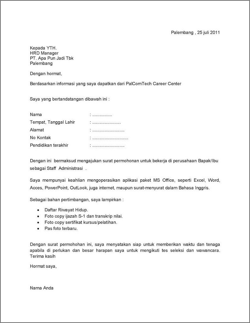 Contoh Surat Lamaran Pekerjaan Online