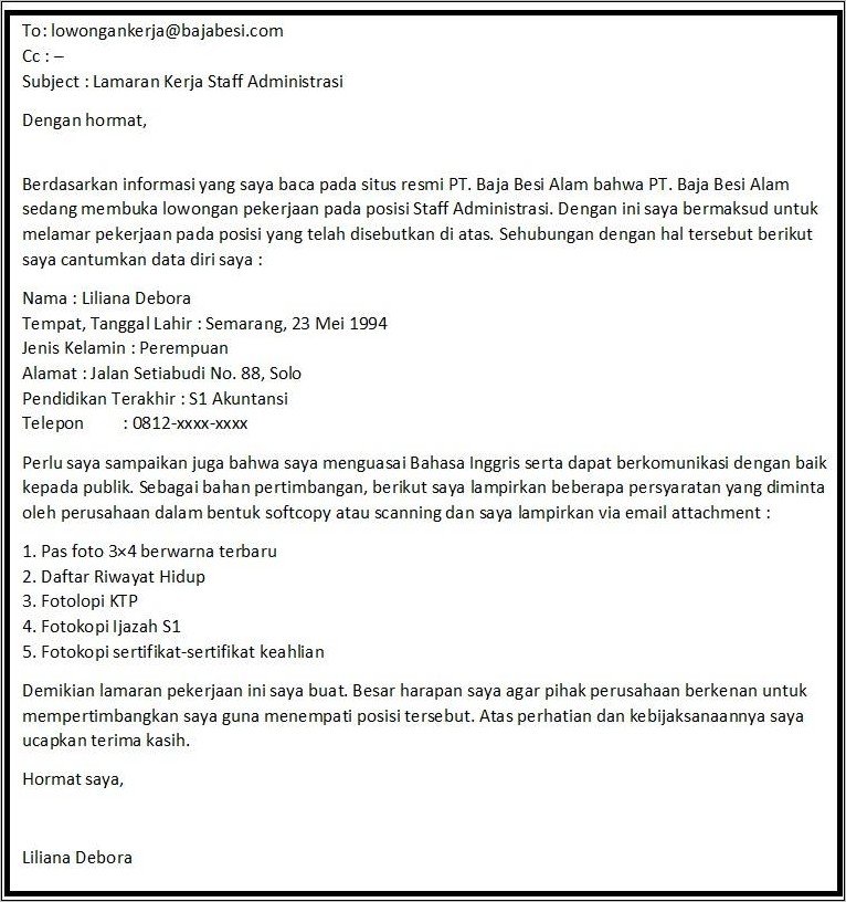 Contoh Surat Lamaran Pekerjaan Via Email