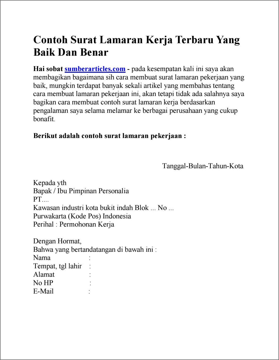 Contoh Surat Lamaran Pekerjaan Yang Benar Dan Baik