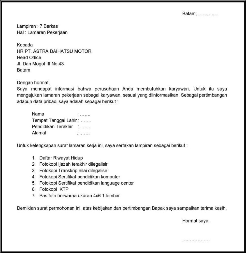 Contoh Surat Lamaran Pekerjaan Yang Benar Menurut Eyd