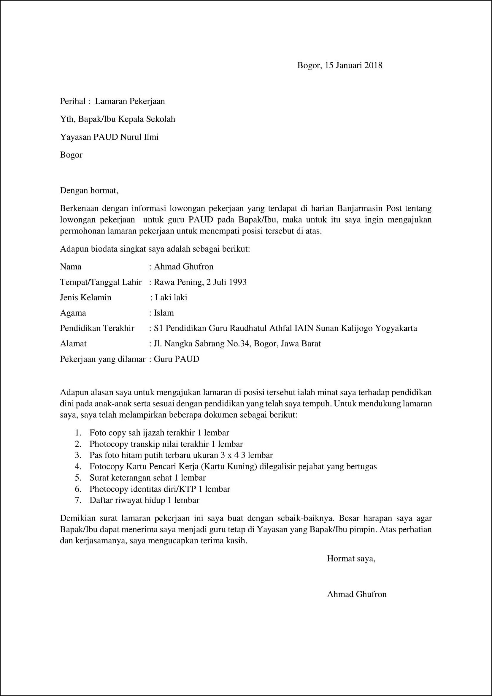Contoh Surat Lamaran Pendidikan