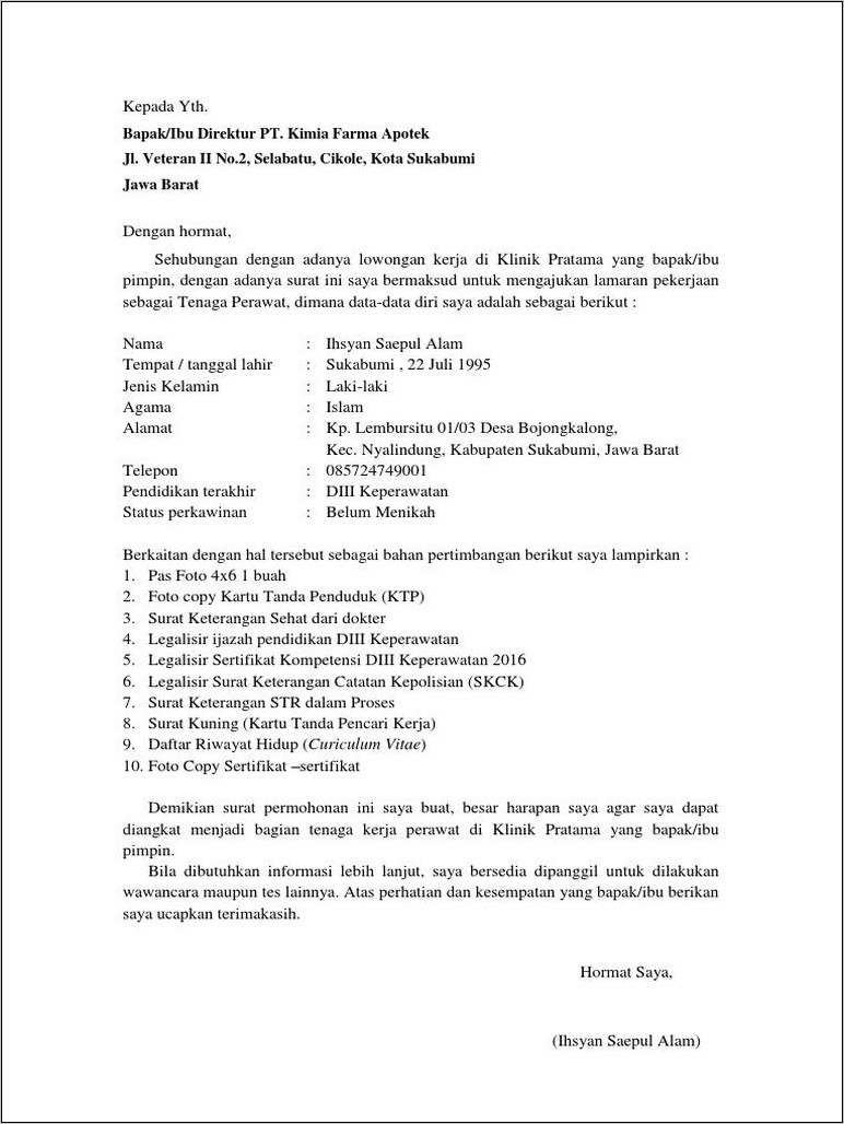 Contoh Surat Lamaran Perawat Ke Dinas Kesehatan